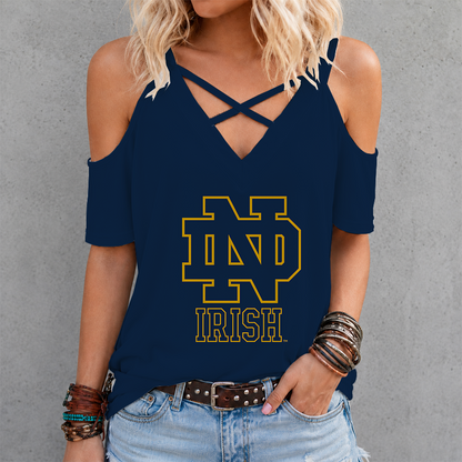 [FAN FAVORITE] NEW CUSTOMIZED NCAA MFF12 NFI NOTRE DAME FIGHTING IRISH CRISS CROSS V-NECK TOP