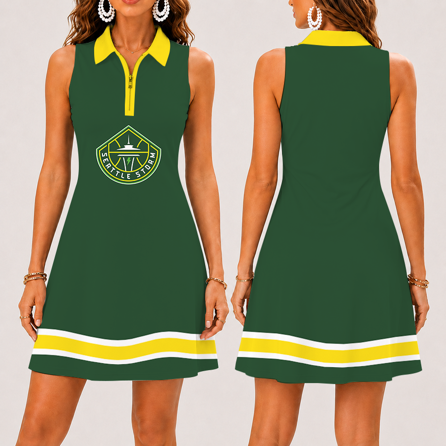 [FAN FAVORITE] NEW CUSTOMIZED WNBA12 STS SEATTLE STORM WOMEN'S ZIP SLEEVELESS POLO DRESS