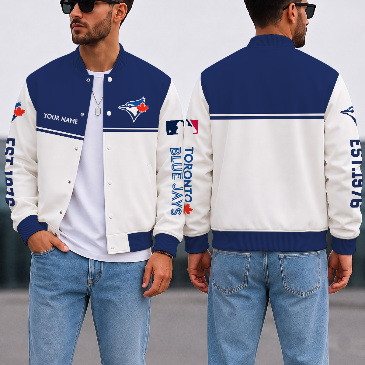 SPECIAL EDITION - NEW CUSTOMIZED MLB12 TBJ TORONTO BLUE JAYS SATIN VARSITY & BASEBALL JACKET