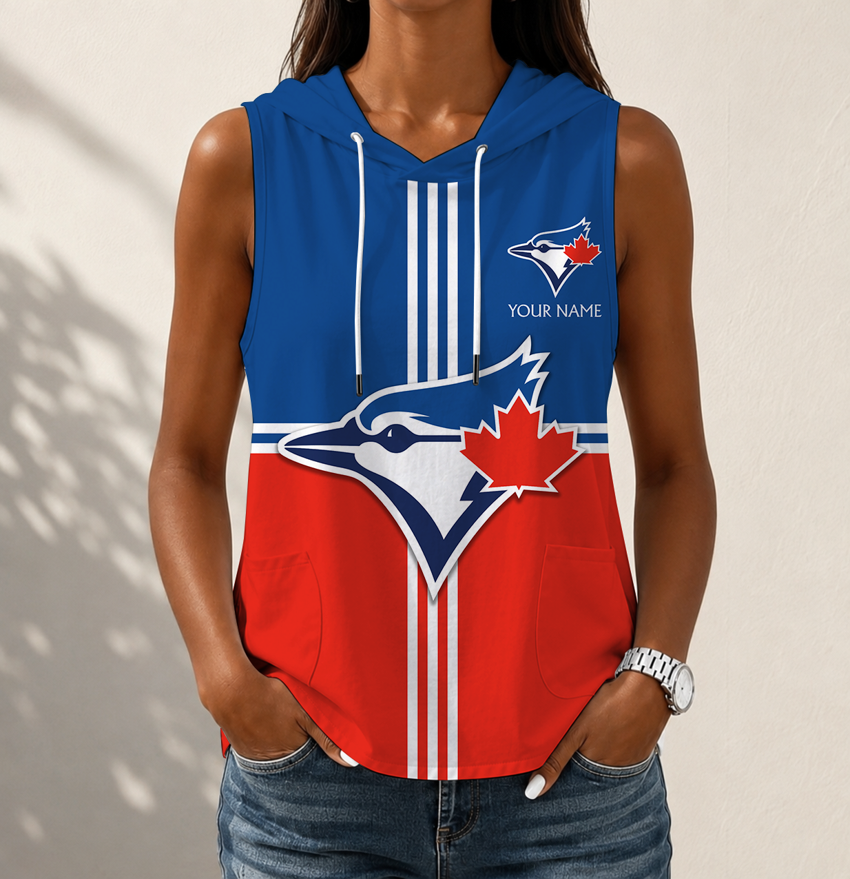 LIMITED EDITION - NEW CUSTOMIZED MLB12 TBJ TORONTO BLUE JAYS WOMEN'S SLEEVELESS HOODED POCKET TANK TOP