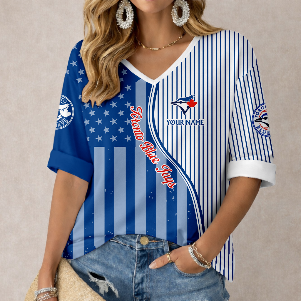 ELITE EDITION - NEW CUSTOMIZED MLB12 TBJ TORONTO BLUE JAYS WOMEN'S HEART V-NECK LONG SLEEVE SHIRT