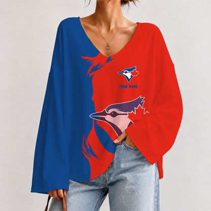 [FLASH SALE] NEW CUSTOMIZED MLB12 TBJ TORONTO KHAKI JAYS V-NECK LONG SLEEVED CROP TOP