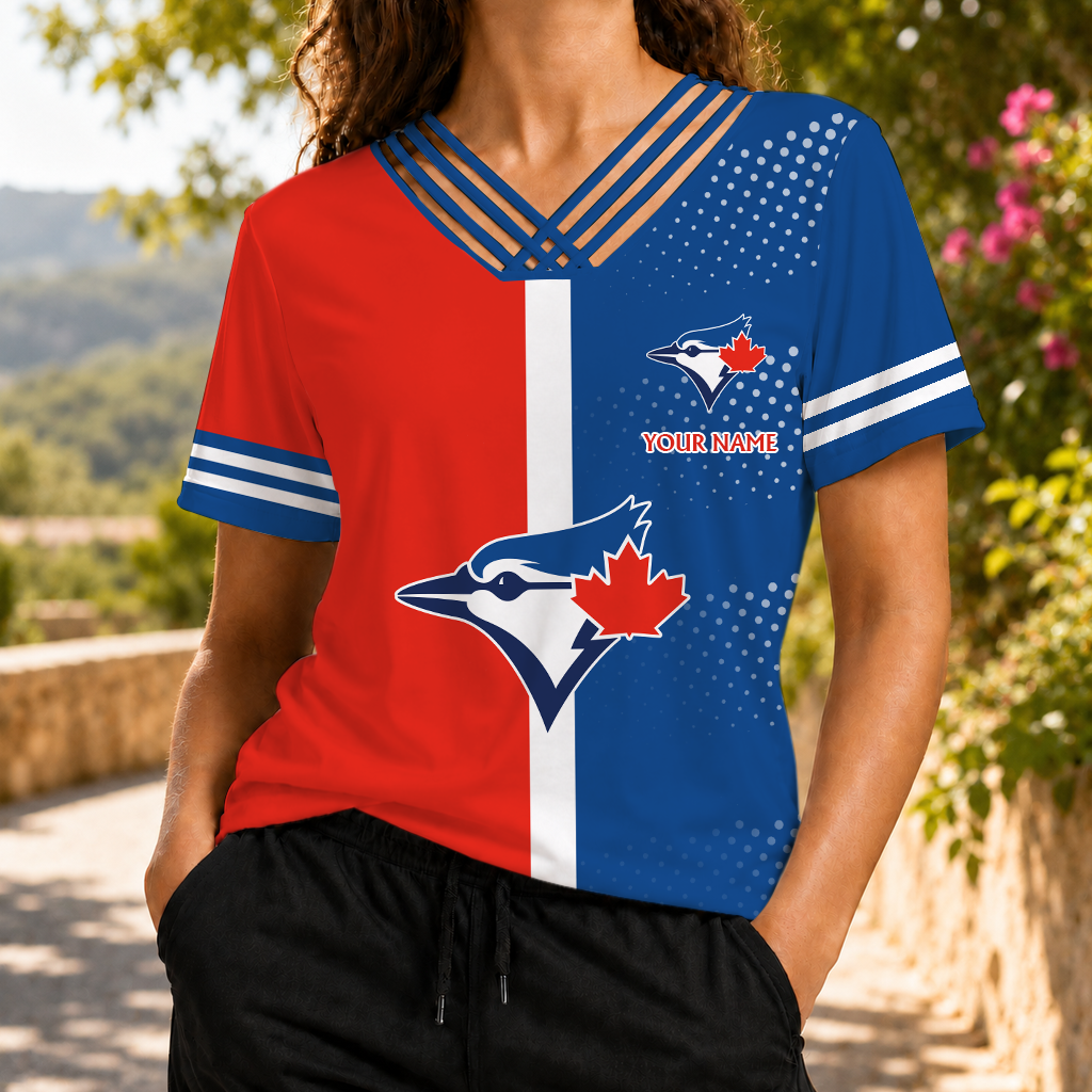 LIMITED EDITION - NEW CUSTOMIZED MLB12 TBJ TORONTO BLUE JAYS V-NECK SHIRT