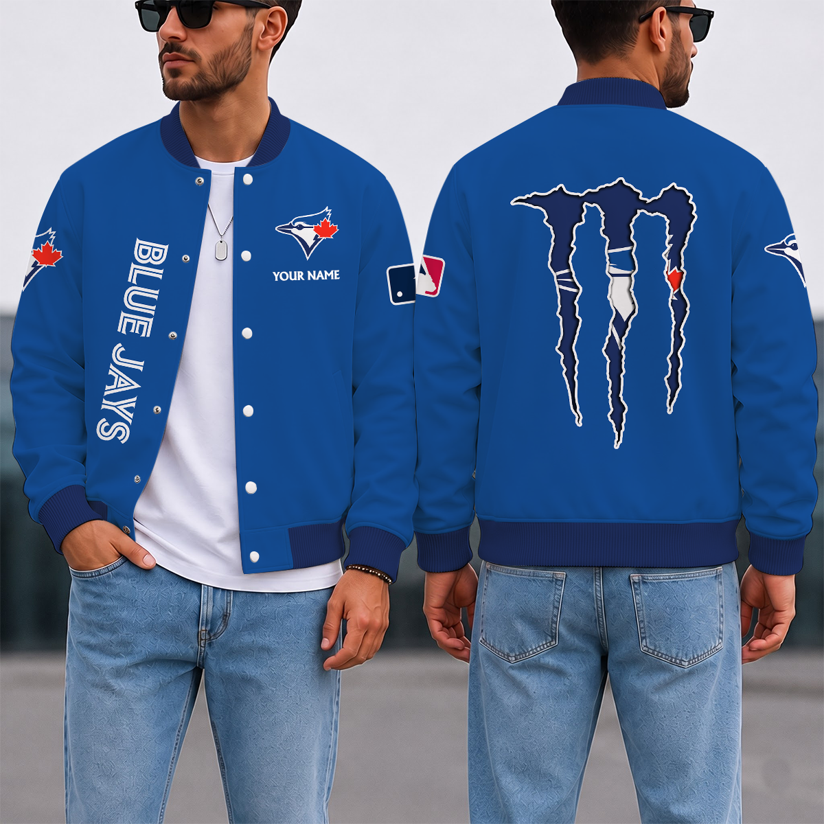 SPECIAL EDITION - NEW CUSTOMIZED MLB12 TBJ TORONTO BLUE JAYS SATIN VARSITY & BASEBALL JACKET