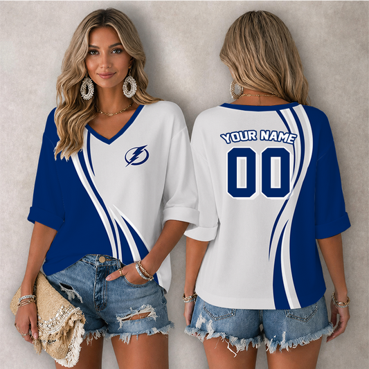 LIMITED EDITION - NEW CUSTOMIZED NHL12 TPL TAMPA BAY LIGHTNING WOMEN'S HEART V-NECK LONG SLEEVE SHIRT