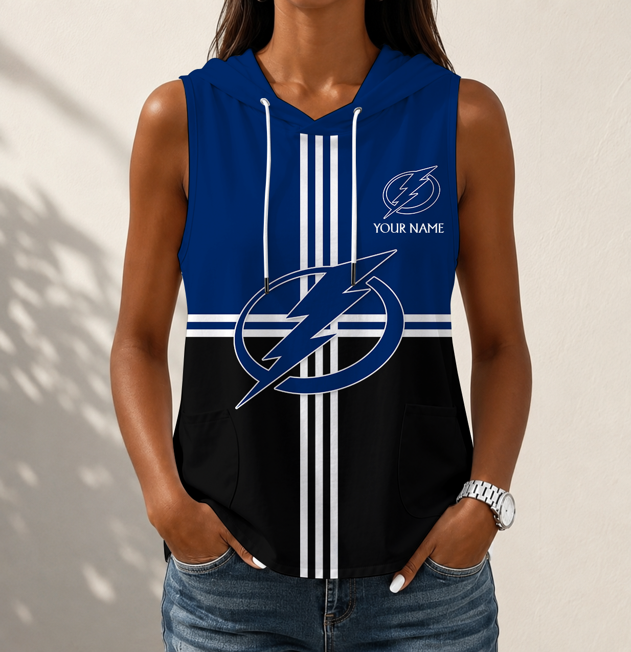 VIRAL EDITION - NEW CUSTOMIZED NHL12 TPL TAMPA BAY LIGHTNING WOMEN'S SLEEVELESS HOODED POCKET TANK TOP