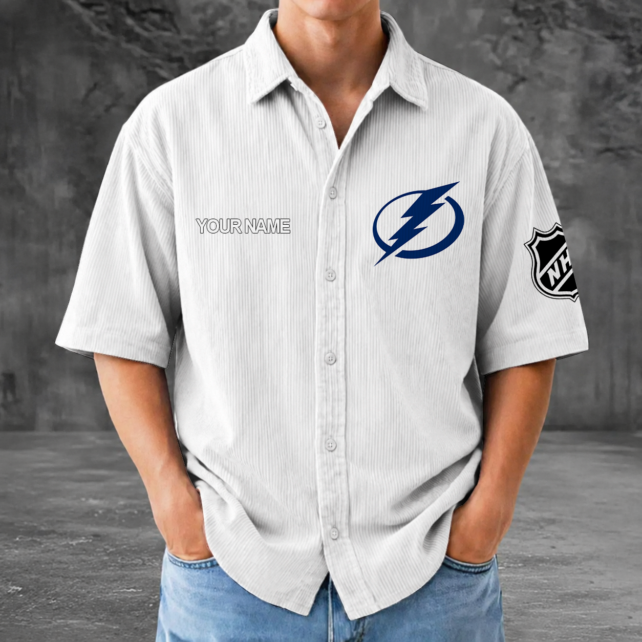 [SUPER SALE] NEW CUSTOMIZED NHL12 TPL TAMPA BAY LIGHTNING SEERSUCKER BUTTON SHIRT