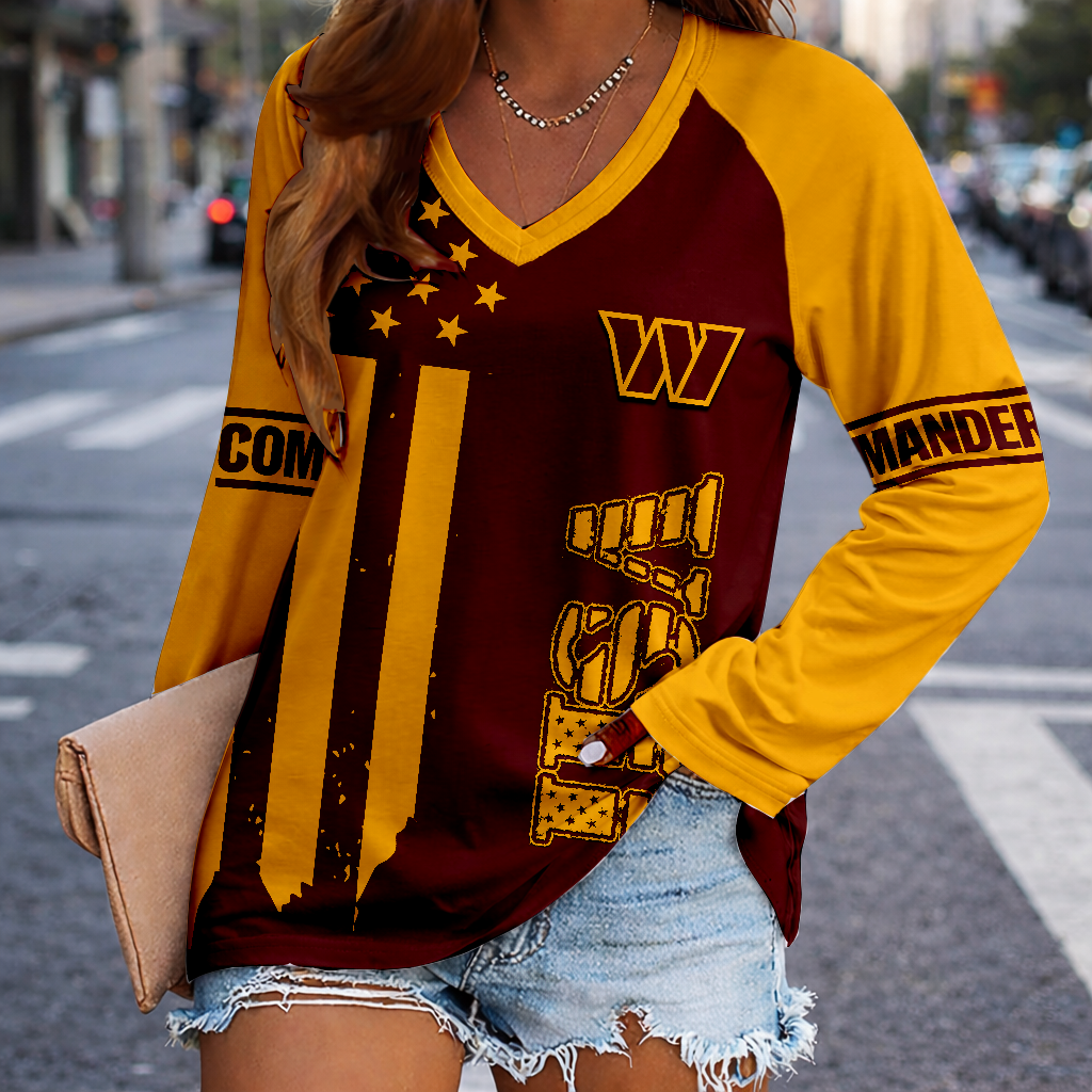 LIMITED EDITION - NEW CUSTOMIZED NFL12 WTC WASHINGTON COMMANDERS WOMEN'S V-NECK LONG SLEEVED SHIRT