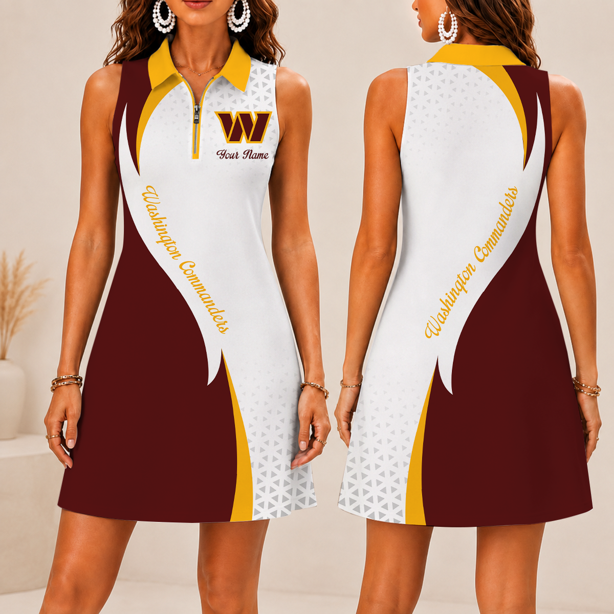 LIMITED EDITION - NEW CUSTOMIZED NFL12 WTC WASHINGTON COMMANDERS WOMEN'S ZIP SLEEVELESS POLO DRESS