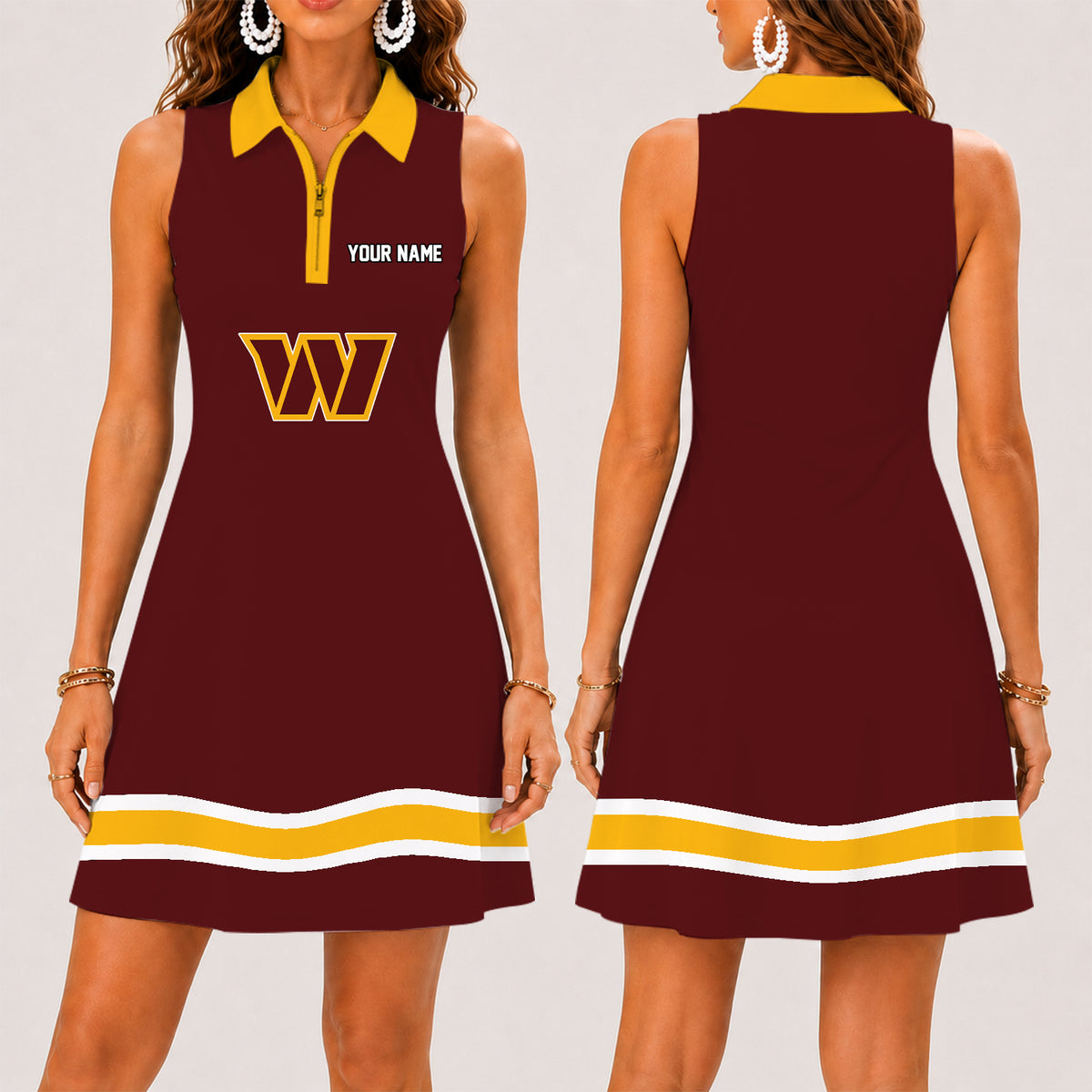 [SPECIAL OFFER] NEW CUSTOMIZED NFL12 WTC WASHINGTON COMMANDERS WOMEN'S ZIP SLEEVELESS POLO DRESS