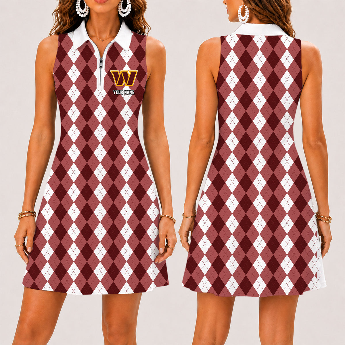 [SPECIAL OFFER] NEW CUSTOMIZED NFL12 WTC WASHINGTON COMMANDERS WOMEN'S ZIP SLEEVELESS POLO DRESS