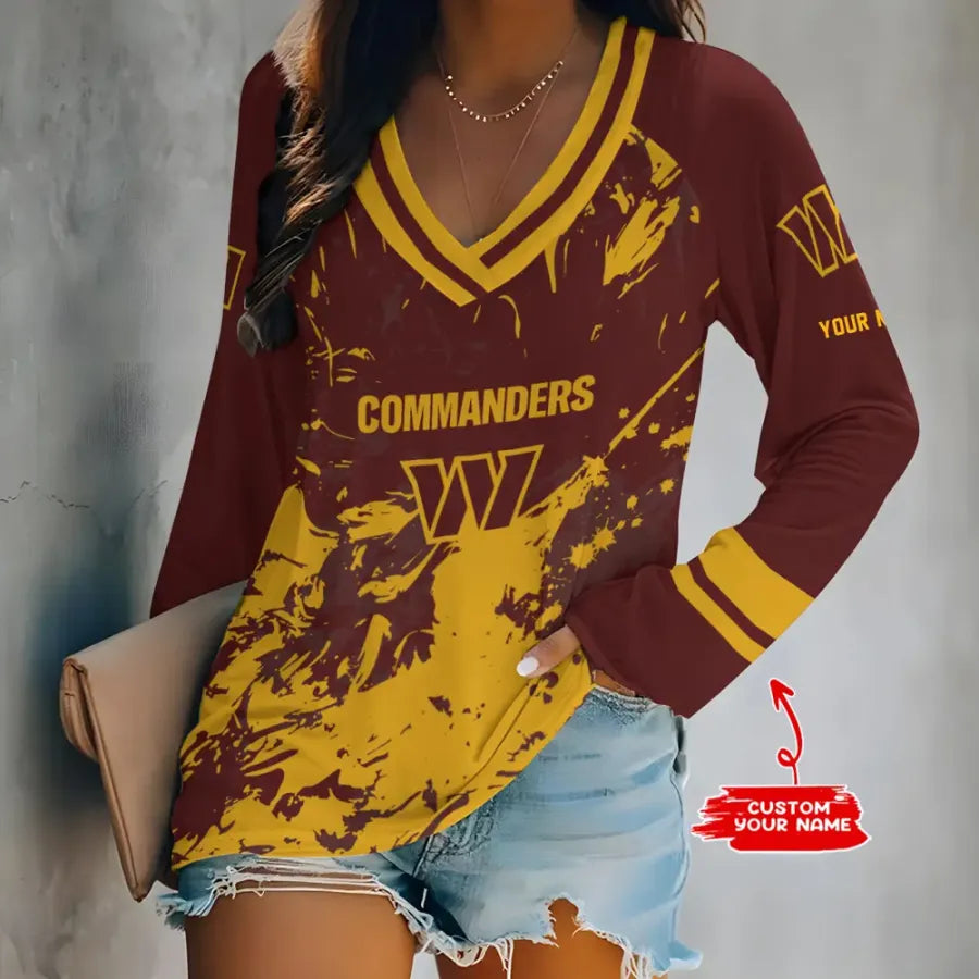 [SPECIAL OFFER] NEW CUSTOMIZED NFL12 WTC WASHINGTON COMMANDERS WOMEN'S V-NECK LONG SLEEVED SHIRT