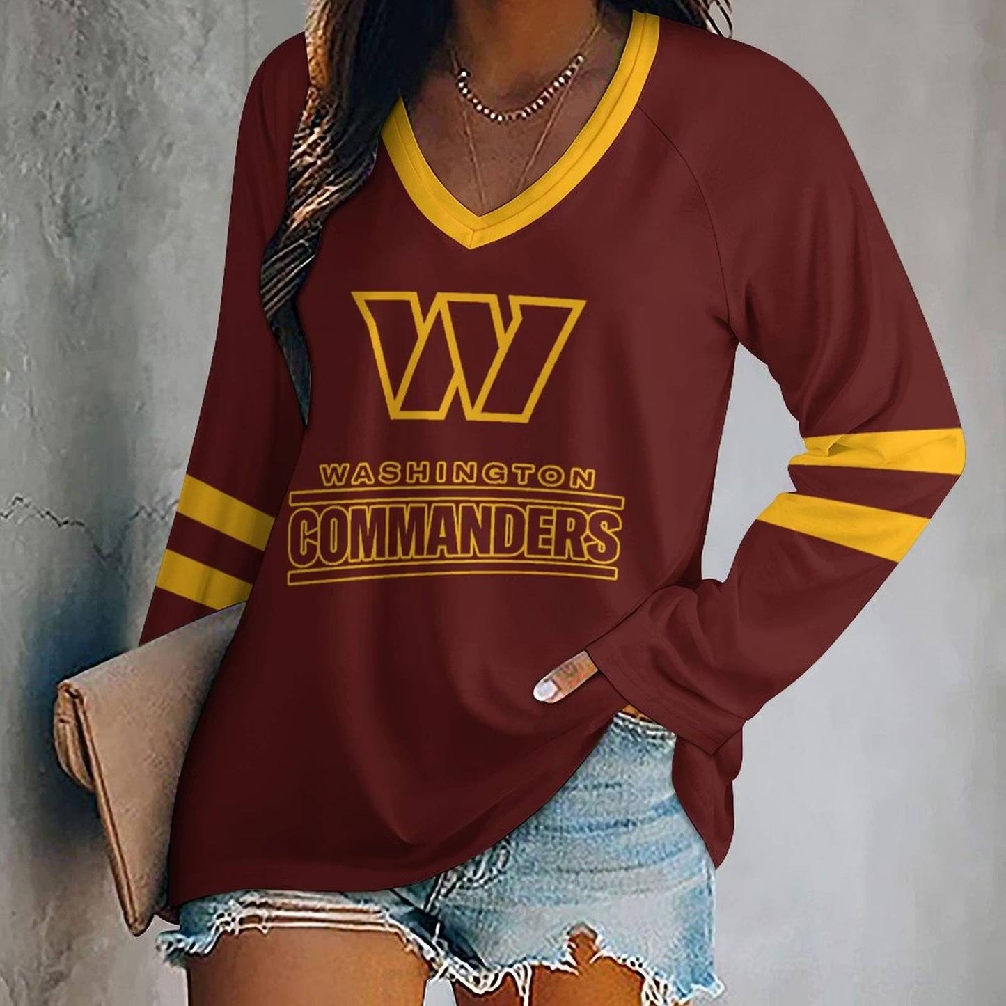 LIMITED EDITION - NEW CUSTOMIZED NFL12 WTC WASHINGTON COMMANDERS WOMEN'S V-NECK LONG SLEEVED SHIRT