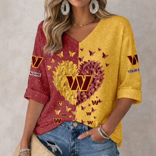 LIMITED EDITION - NEW CUSTOMIZED NFL12 WTC WASHINGTON COMMANDERS WOMEN'S HEART V-NECK LONG SLEEVE SHIRT