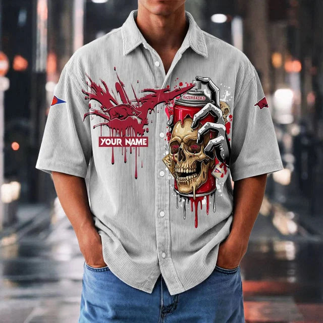 MEGA SALE - NEW CUSTOMIZED NCAA FBS12 AKR AK RAZORBACKS SEERSUCKER BUTTON SHIRT