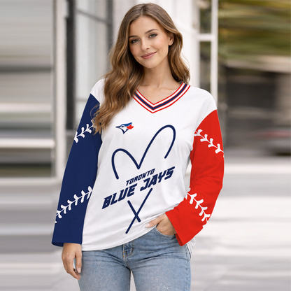 LIMITED EDITION - NEW CUSTOMIZED MLB12 TBJ TORONTO BLUE JAYS WOMEN'S HEART V-NECK LONG SLEEVE SHIRT