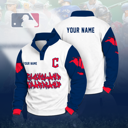 LIMITED EDITION - NEW CUSTOMIZED MLB13 CGS CLEVELAND GUARDIANS BUTTON QUARTER PLACKET SWEATSHIRT