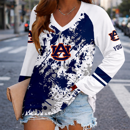 [FAN FAVORITE] NEW CUSTOMIZED NCAA FBS13 ABT AUBURN TIGERS WOMEN'S V-NECK LONG SLEEVED SHIRT