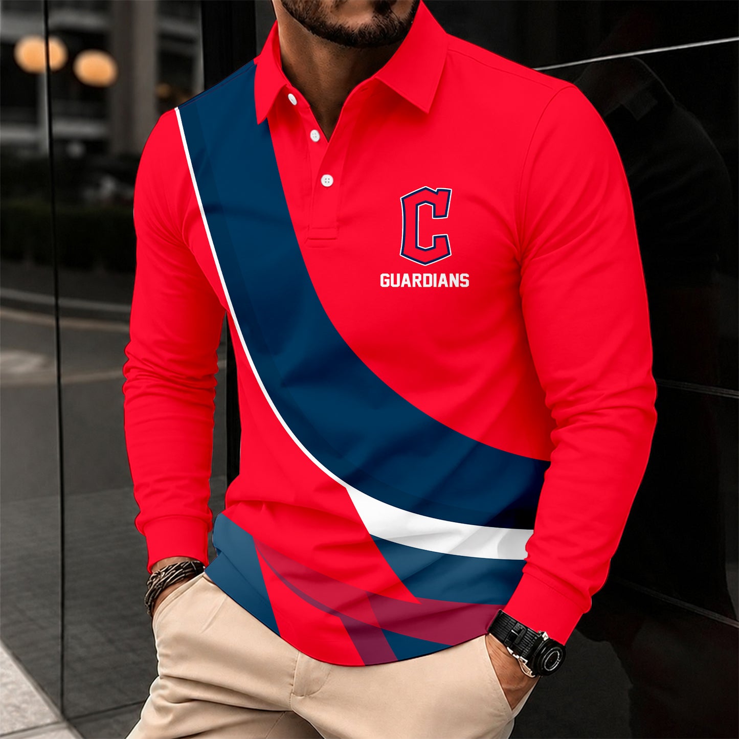 [FLASH SALE] NEW CUSTOMIZED MLB13 CGS CLEVELAND GUARDIANS MEN'S LONG SLEEVE POLO