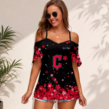 [FLASH SALE] NEW CUSTOMIZED MLB13 CGS CLEVELAND GUARDIANS WOMEN'S STRAPPY OFF-SHOULDER TOP