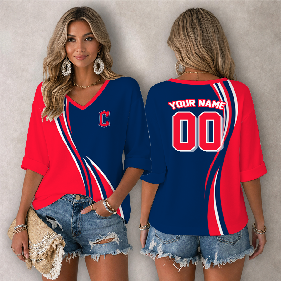 LIMITED EDITION - NEW CUSTOMIZED MLB13 CGS CLEVELAND GUARDIANS WOMEN'S HEART V-NECK LONG SLEEVE SHIRT