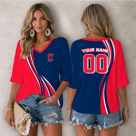 LIMITED EDITION - NEW CUSTOMIZED MLB13 CGS CLEVELAND GUARDIANS WOMEN'S HEART V-NECK LONG SLEEVE SHIRT