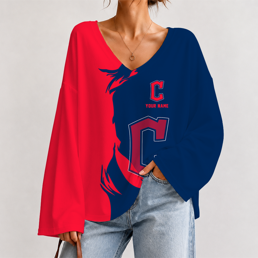 [FLASH SALE] NEW CUSTOMIZED MLB13 CGS CLEVELAND GUARDIANS V-NECK LONG SLEEVED CROP TOP