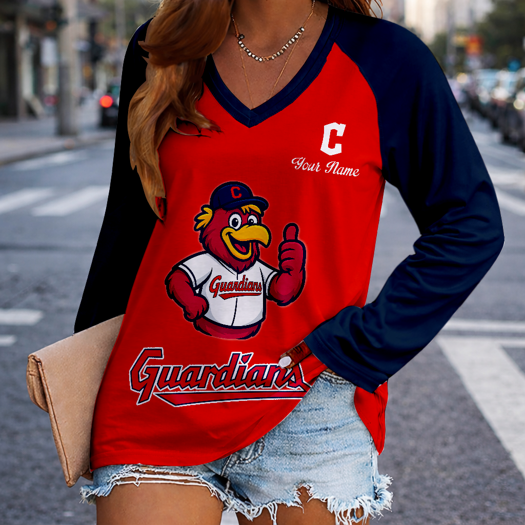 LIMITED EDITION - NEW CUSTOMIZED MLB13 CGS CLEVELAND GUARDIANS WOMEN'S V-NECK LONG SLEEVED SHIRT