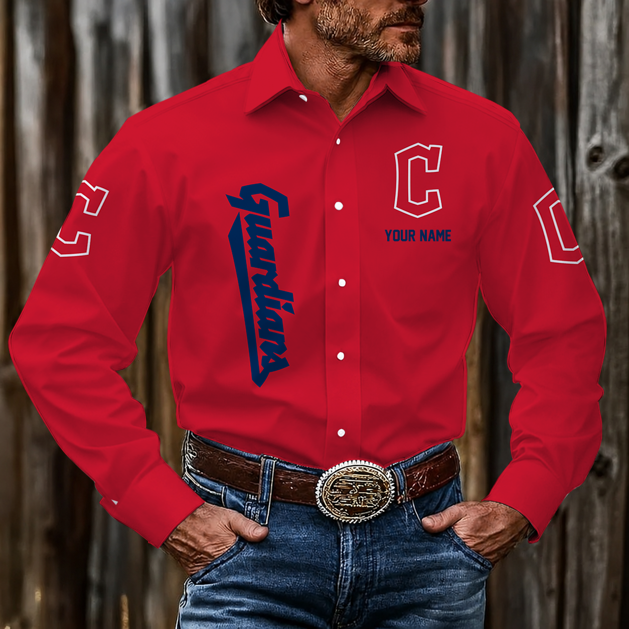 LIMITED EDITION - NEW CUSTOMIZED MLB13 CGS CLEVELAND GUARDIANS MEN'S LONG SLEEVE BUTTON-UP SHIRT