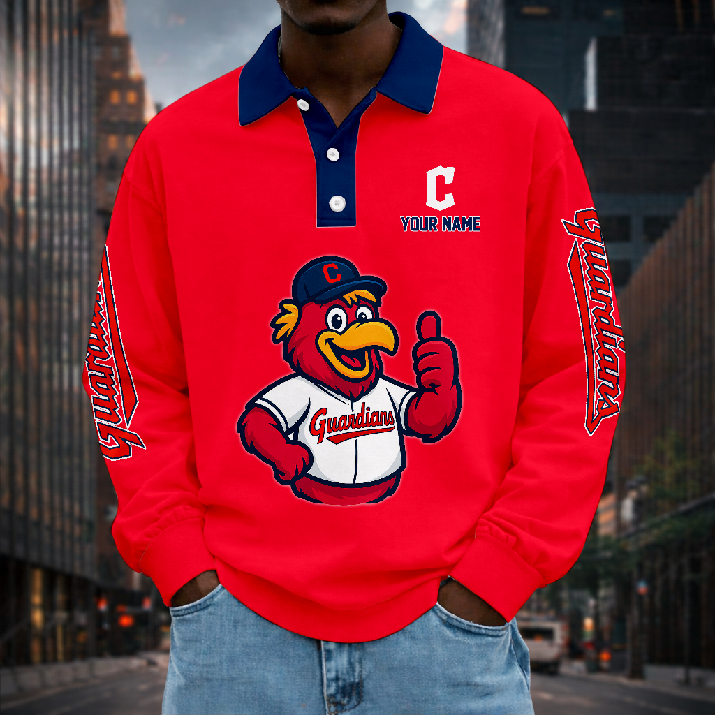 LIMITED EDITION - NEW CUSTOMIZED MLB13 CGS CLEVELAND GUARDIANS MEN LONG SLEEVE POLO