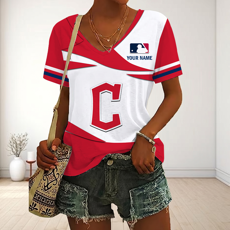 LIMITED EDITION - NEW CUSTOMIZED MLB13 CGS CLEVELAND GUARDIANS V-NECK FEMALE SHIRT