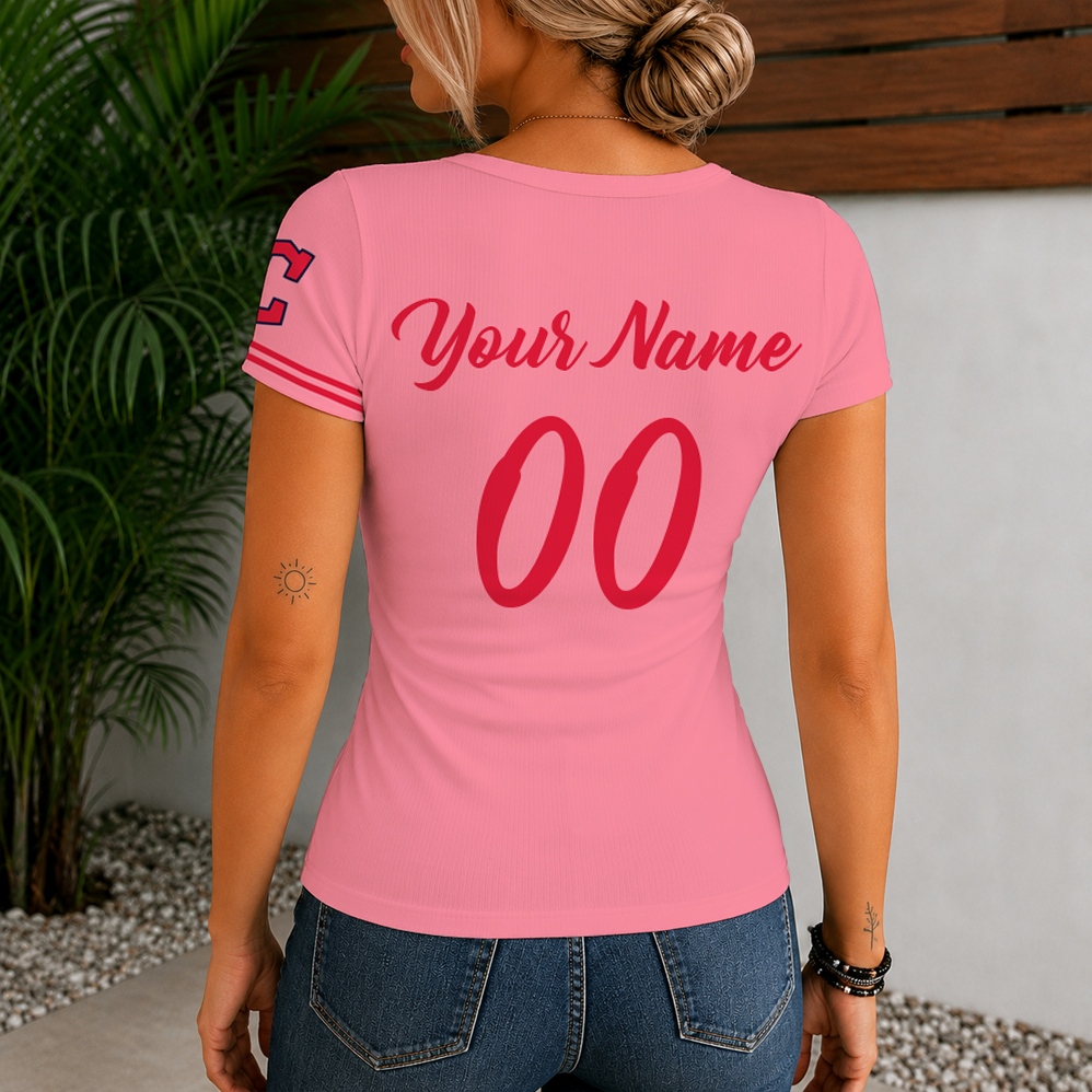 [FLASH SALE] NEW CUSTOMIZED MLB13 CGS CLEVELAND GUARDIANS WOMEN'S SHORT SLEEVE HENLEY T-SHIRT