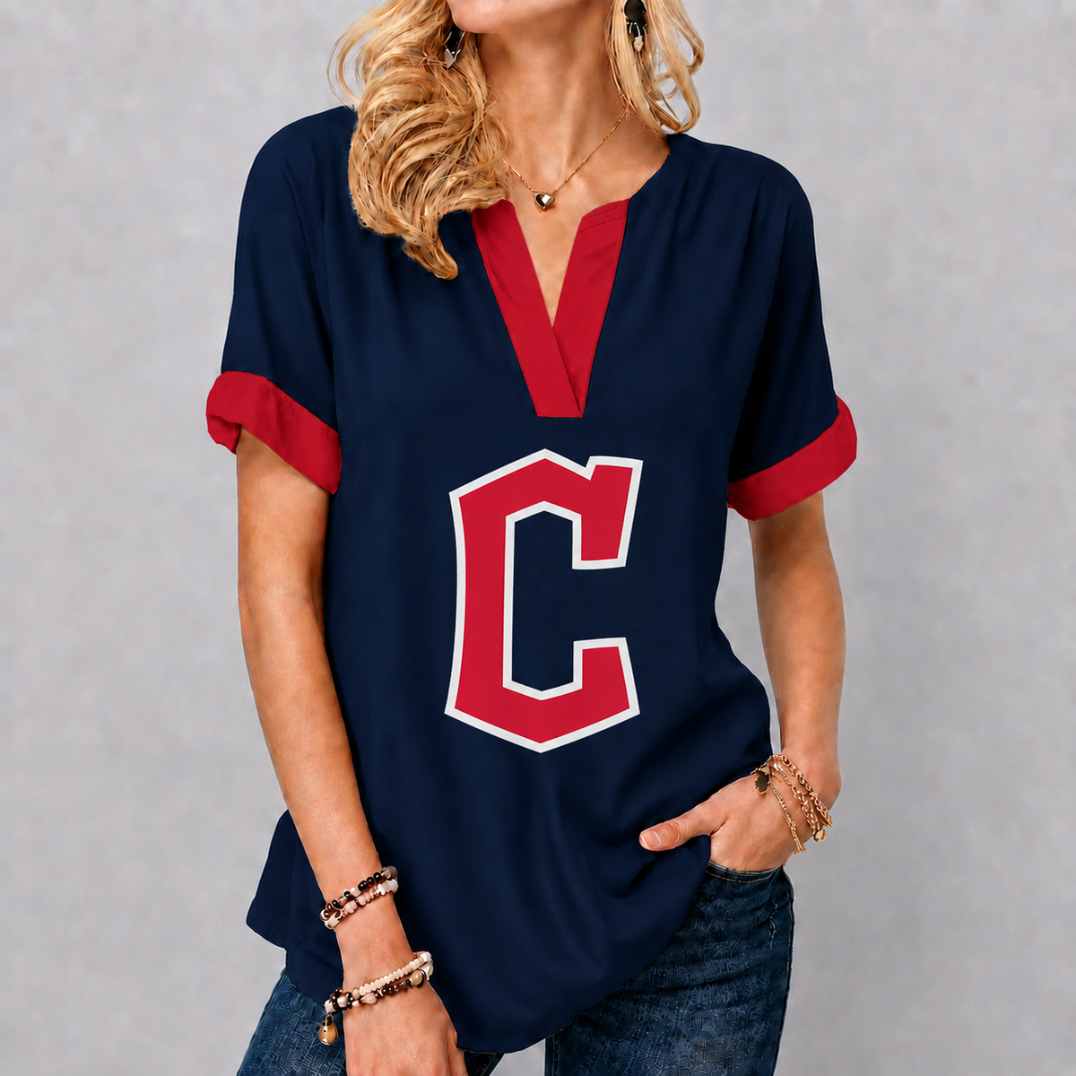 LIMITED EDITION - NEW CUSTOMIZED MLB13 CGS CLEVELAND GUARDIANS V-NECK FEMALE SHIRT