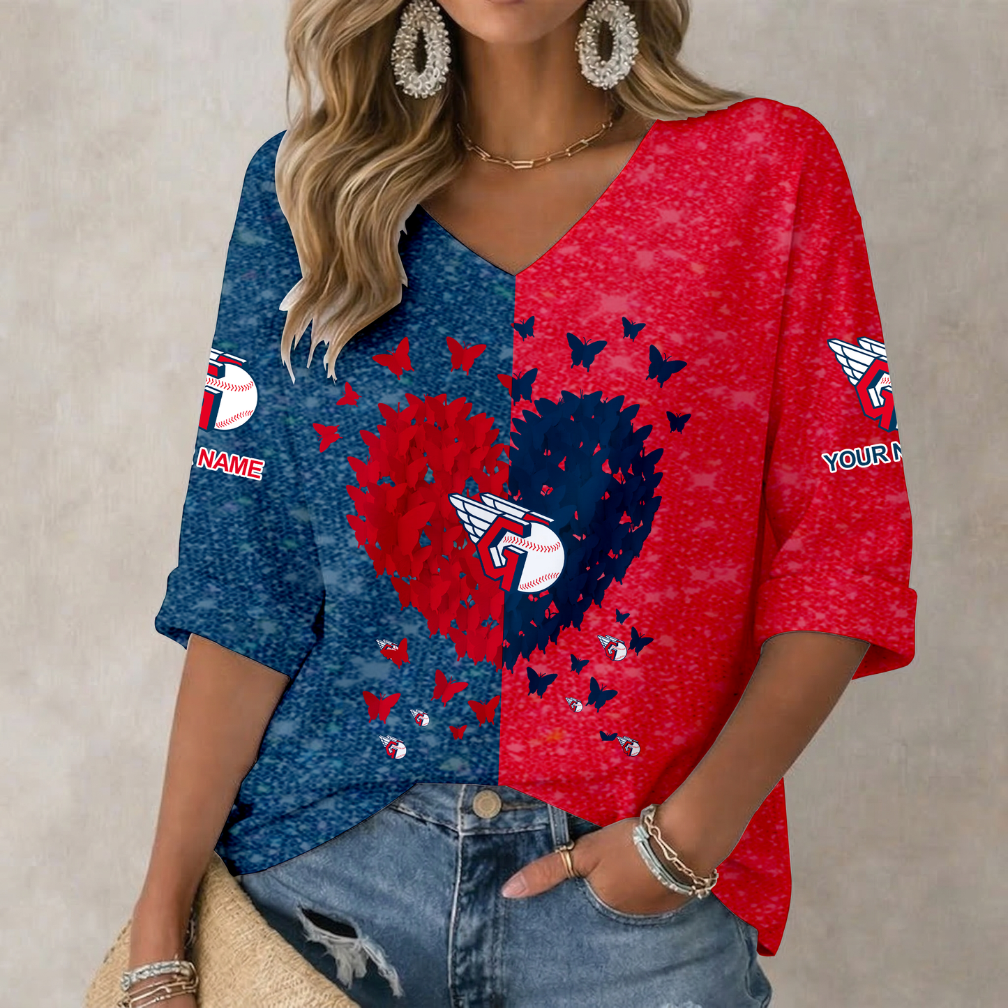 LIMITED EDITION - NEW CUSTOMIZED MLB13 CGS CLEVELAND GUARDIANS WOMEN'S HEART V-NECK LONG SLEEVE SHIRT