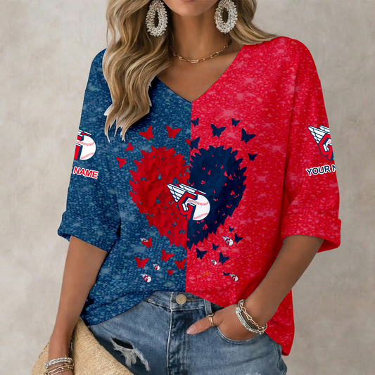 LIMITED EDITION - NEW CUSTOMIZED MLB13 CGS CLEVELAND GUARDIANS WOMEN'S HEART V-NECK LONG SLEEVE SHIRT