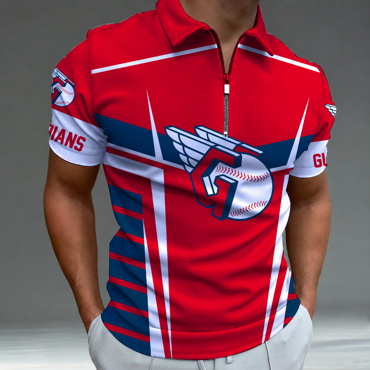 LIMITED EDITION - NEW CUSTOMIZED MLB13 CGS CLEVELAND GUARDIANS ZIP POLO SHIRT