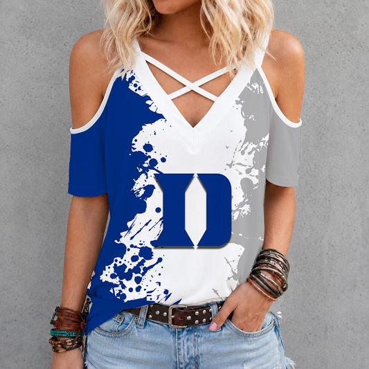 [FAN FAVORITE] NEW CUSTOMIZED NCAA CFH13 DLD DUKE BLUE DEVILS CRISS CROSS V-NECK TOP