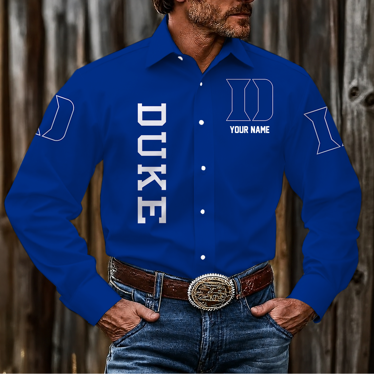 EXCLUSIVE EDITION - NEW CUSTOMIZED NCAA CFH13 DLD DUKE BLUE DEVILS MEN'S LONG SLEEVE BUTTON-UP SHIRT