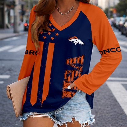 LIMITED EDITION - NEW CUSTOMIZED NFL13 DVB DENVER BRONCOS WOMEN'S V-NECK LONG SLEEVED SHIRT