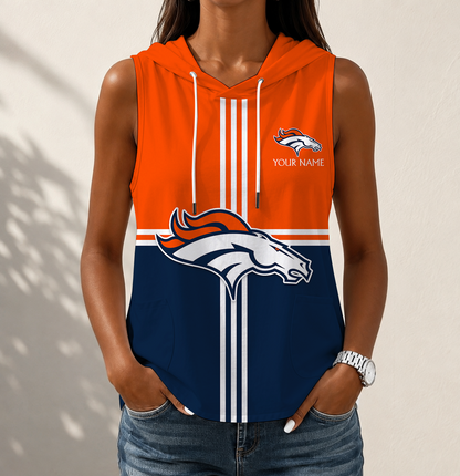 LIMITED EDITION - NEW CUSTOMIZED NFL13 DVB DENVER BRONCOS WOMEN'S SLEEVELESS HOODED POCKET TANK TOP