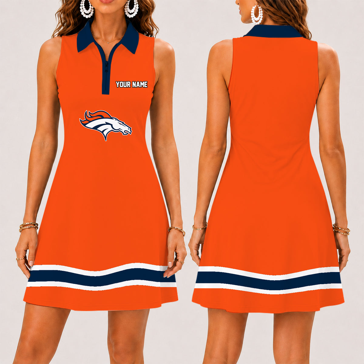 [SPECIAL OFFER] NEW CUSTOMIZED NFL13 DVB DENVER BRONCOS WOMEN'S ZIP SLEEVELESS POLO DRESS