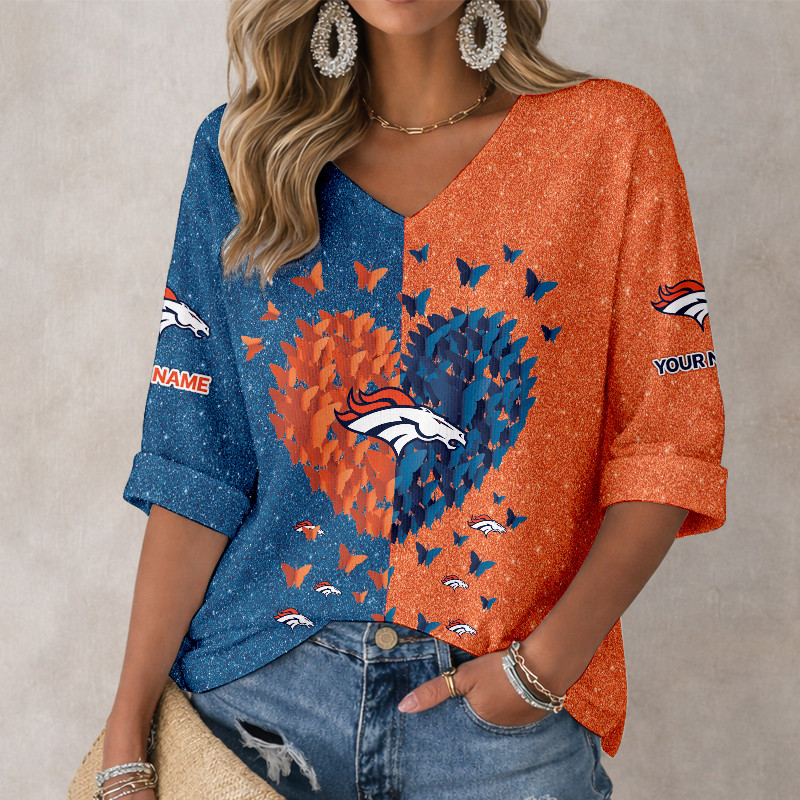 LIMITED EDITION - NEW CUSTOMIZED NFL13 DVB DENVER BRONCOS WOMEN'S HEART V-NECK LONG SLEEVE SHIRT