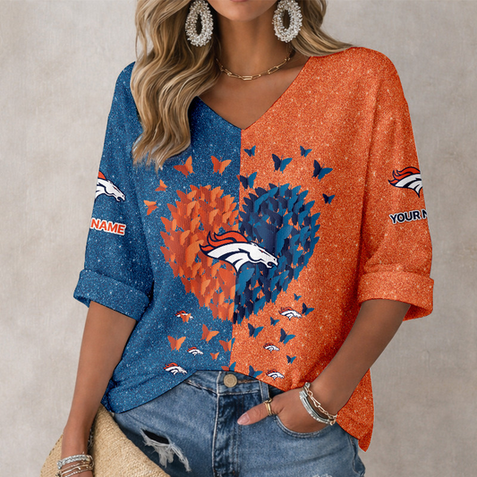 LIMITED EDITION - NEW CUSTOMIZED NFL13 DVB DENVER BRONCOS WOMEN'S HEART V-NECK LONG SLEEVE SHIRT