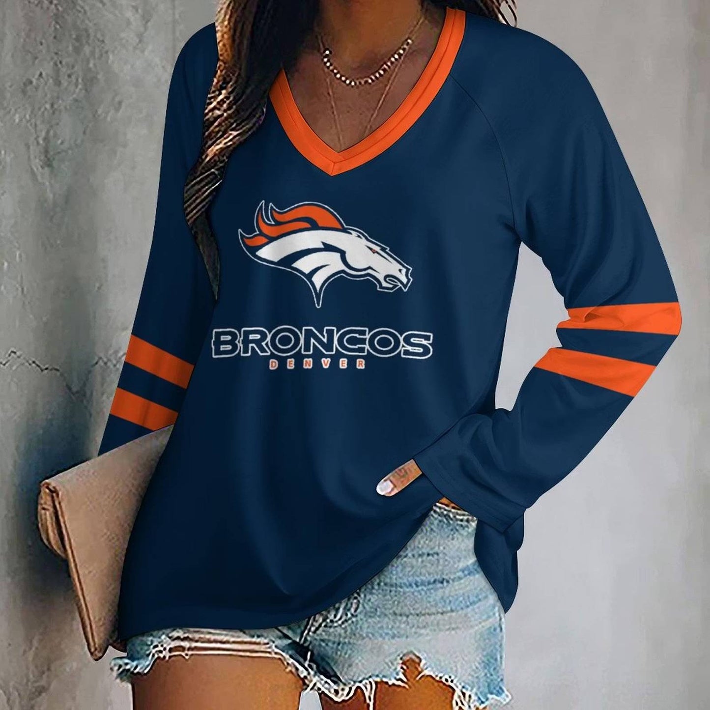 LIMITED EDITION - NEW CUSTOMIZED NFL13 DVB DENVER BRONCOS WOMEN'S V-NECK LONG SLEEVED SHIRT