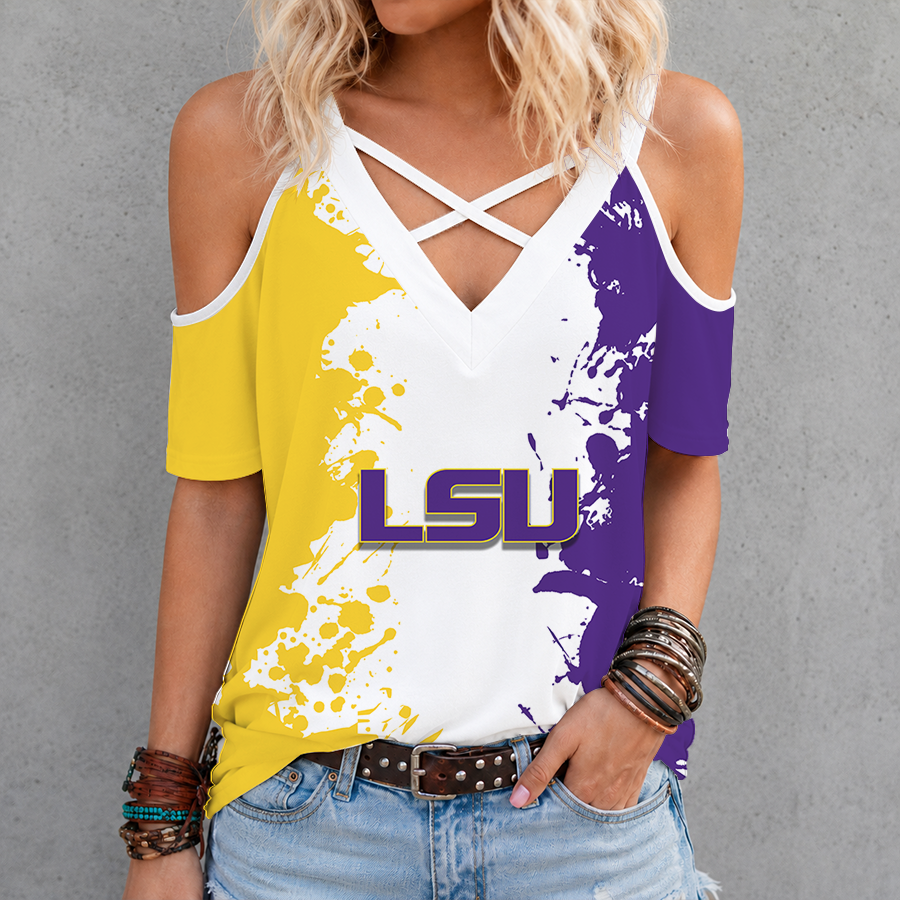 [FAN FAVORITE] NEW CUSTOMIZED NCAA MAM13 LST LSU TIGERS CRISS CROSS V-NECK TOP