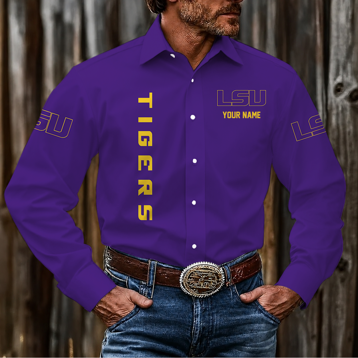 EXCLUSIVE EDITION - NEW CUSTOMIZED NCAA MAM13 LST LSU TIGERS MEN'S LONG SLEEVE BUTTON-UP SHIRT