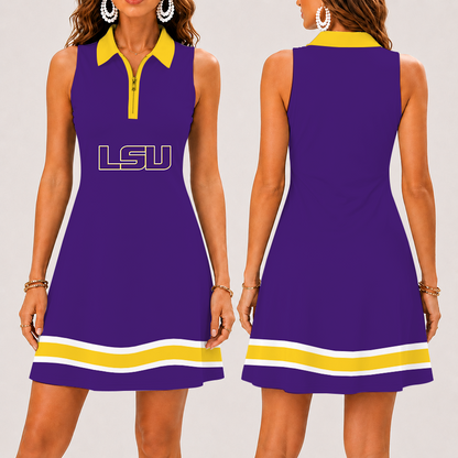 [FAN FAVORITE] NEW CUSTOMIZED NCAA MAM13 LST LSU TIGERS STRAPPY WOMEN'S ZIP SLEEVELESS POLO DRESS
