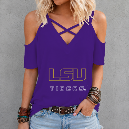 [FAN FAVORITE] NEW CUSTOMIZED NCAA MAM13 LST LSU TIGERS CRISS CROSS V-NECK TOP