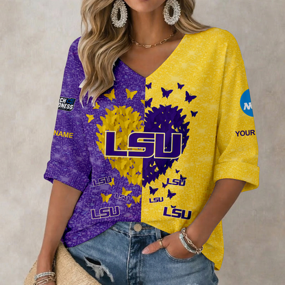 LIMITED EDITION - NEW CUSTOMIZED NCAA MAM13 LST LSU TIGERS WOMEN'S HEART V-NECK LONG SLEEVE SHIRT