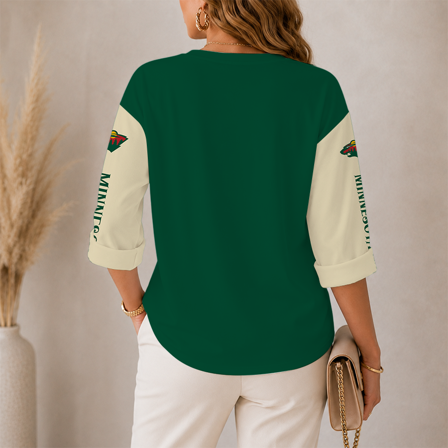 [SUPER SALE] NEW CUSTOMIZED NHL13 MNW MINNESOTA WILD WOMEN'S HEART V-NECK LONG SLEEVE SHIRT